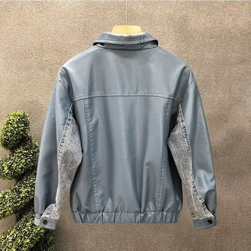 Spring and Autumn American lapel solid color washed denim leather splicing new tooling jacket men's jacket