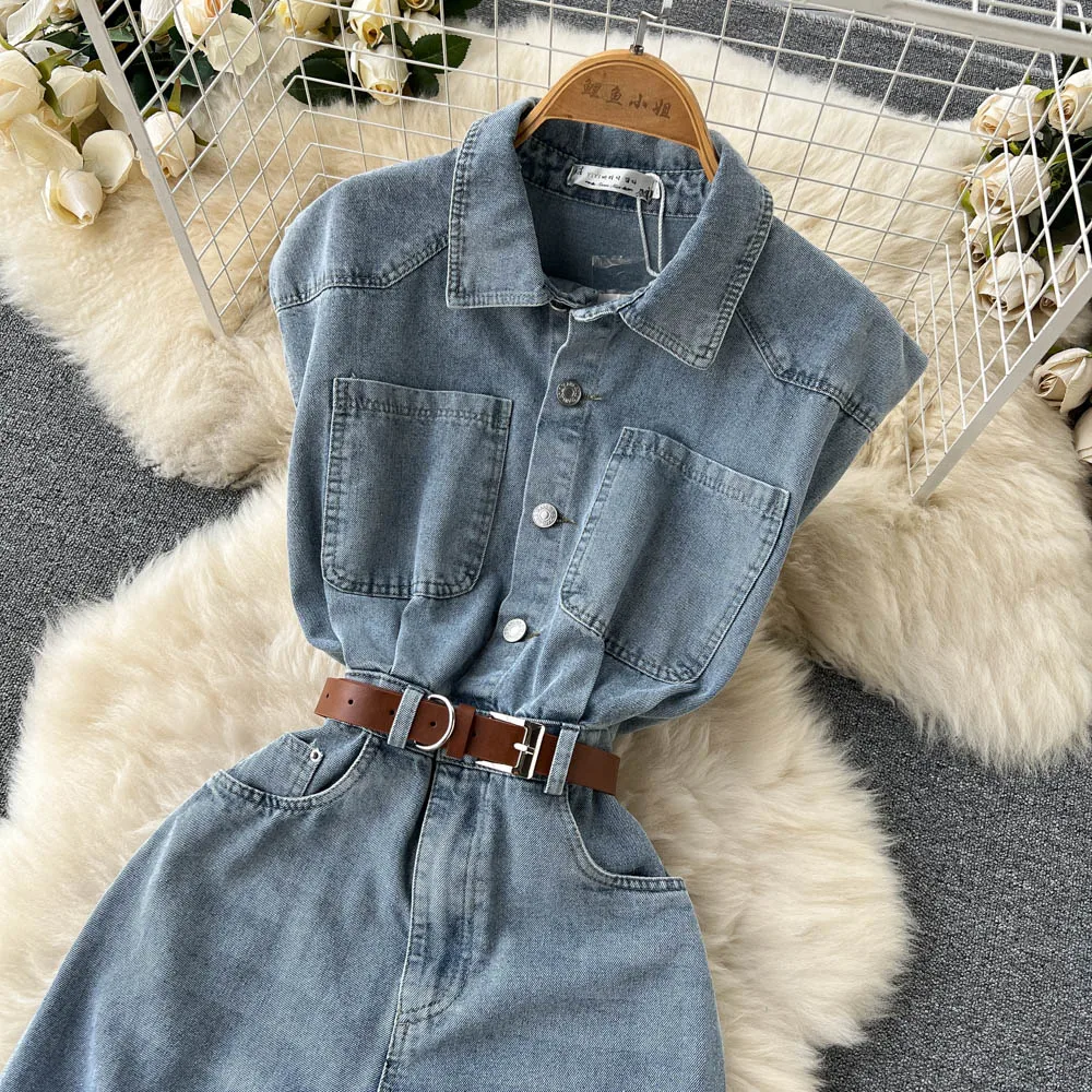 

Summer Trendy High Waist Straight Leg Denim Jumpsuit Women's Svel Loose Fit Jeans Pants Casual Online Exclusive