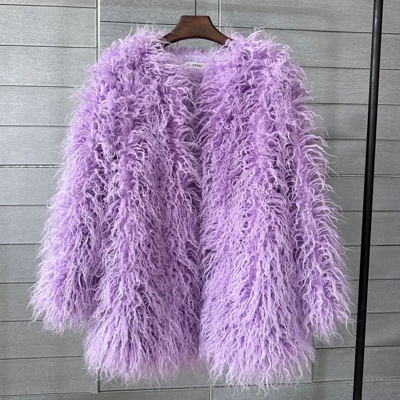 Mongolia Sheep Fur Women Medium Long Coat Jacket Colorful Warm Faux Fur Plush Coats Female Jacket Autumn Winter Furry Outerwear
