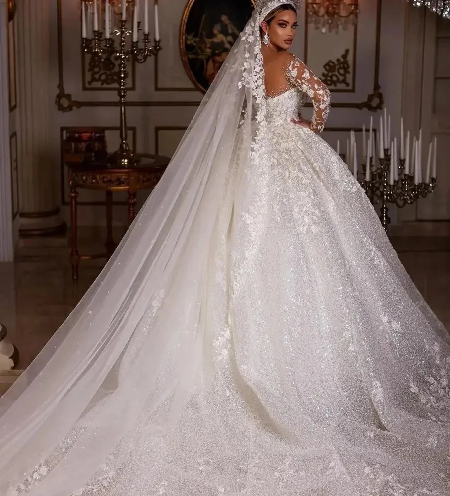 Luxury Princess Wedding Dresses Vintage Bridal Gown Beading Shinny Tulle Long Sleeves Robe Elegant Pretty Dress Customized