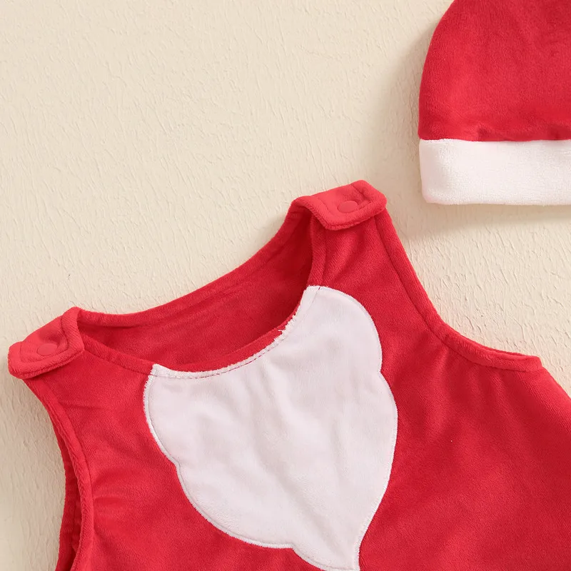 RUEWEY 0 to 18 Months Christmas Baby Girls Boys Bodysuit Santa Shaped Sleeveless Infant Bodysuits with Hat