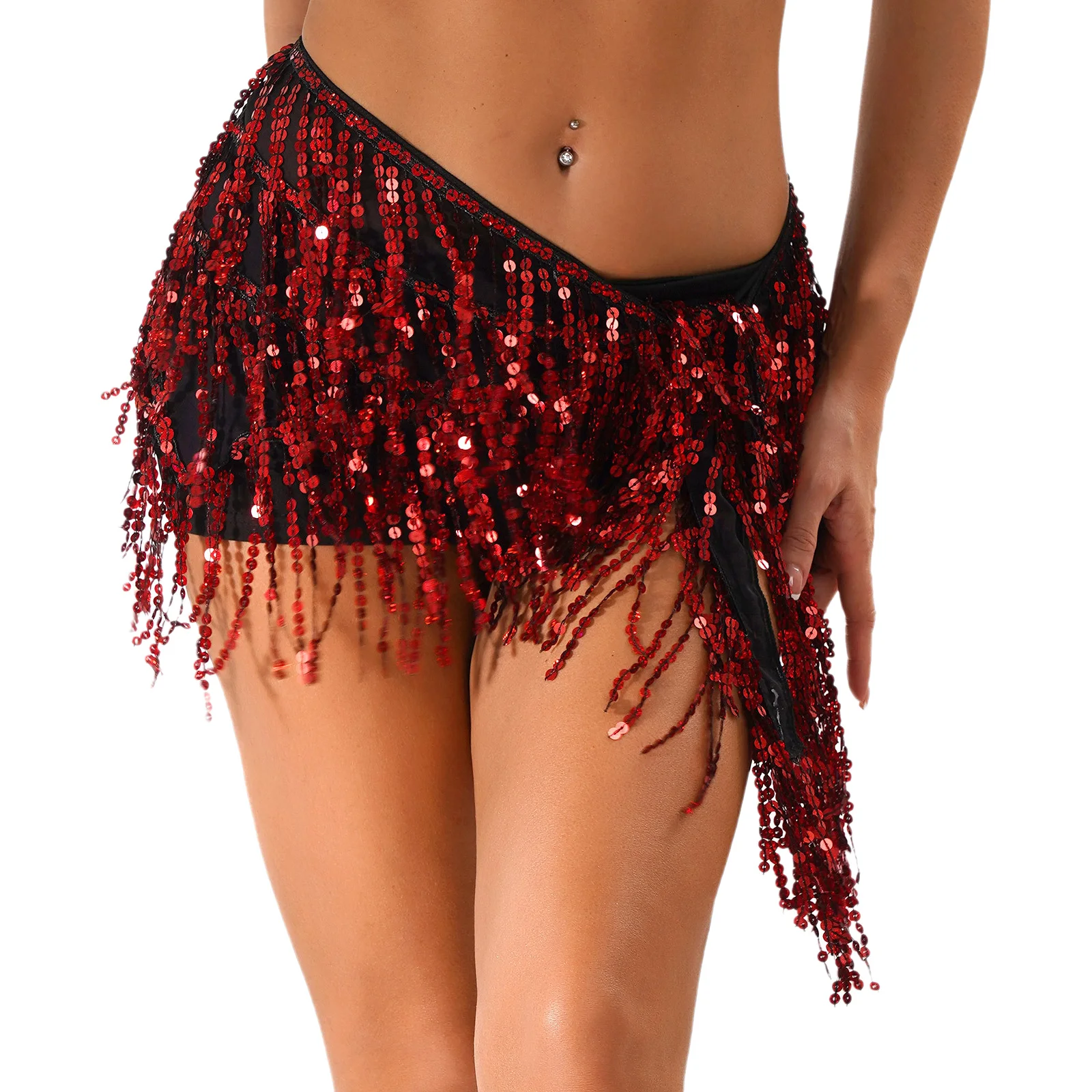 Glittery Women Belly Dance Sequin Tassel Skirts Hip Scarf Waist Chain Tiered Fringe Wrap Skirt Jazz Latin Chacha Dance Costume