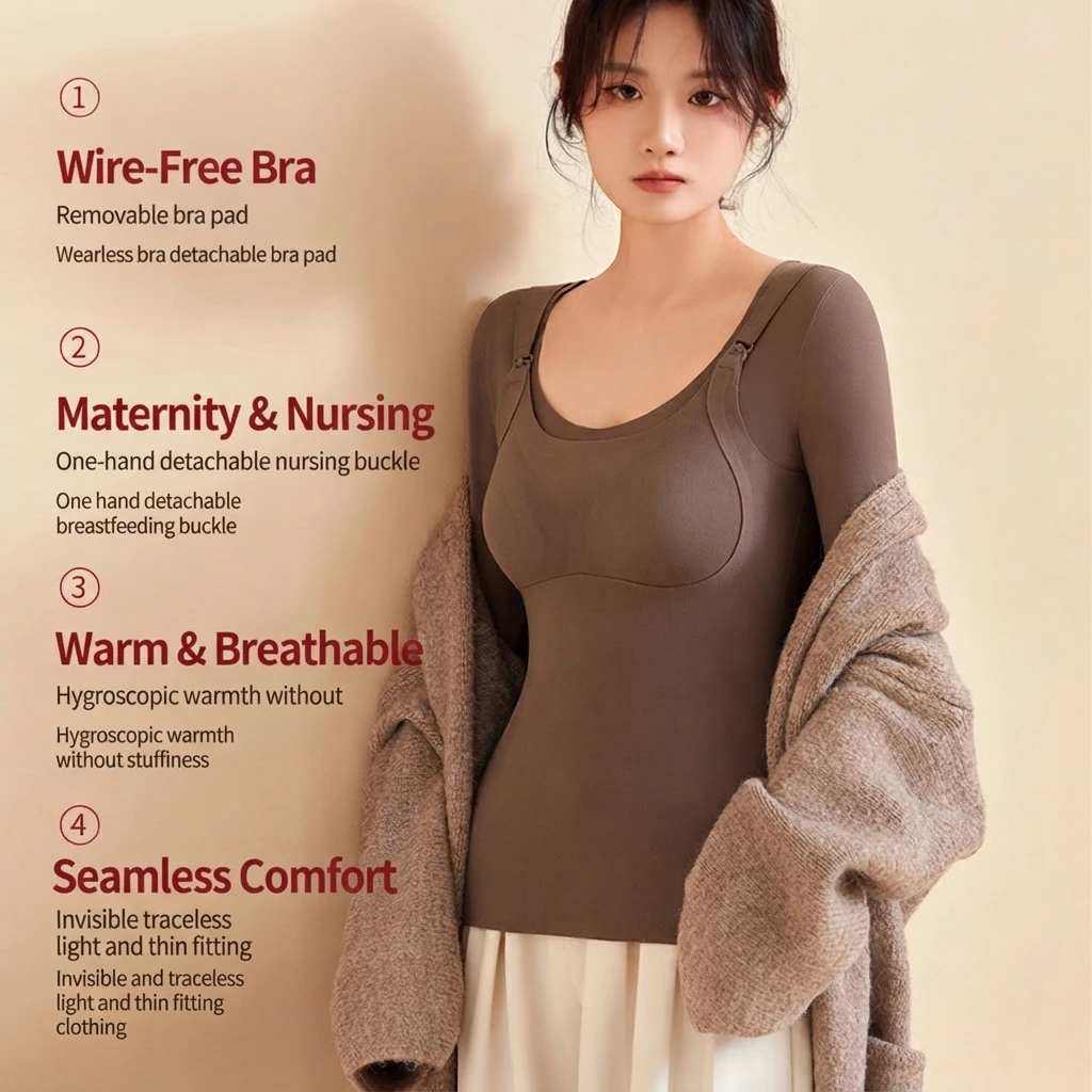 Maternity Nursing Top Polyester Brushed Thickened Thermal Underwear Round Neck Regular Sleeve Slim Fit Autumn Winter Postpartum