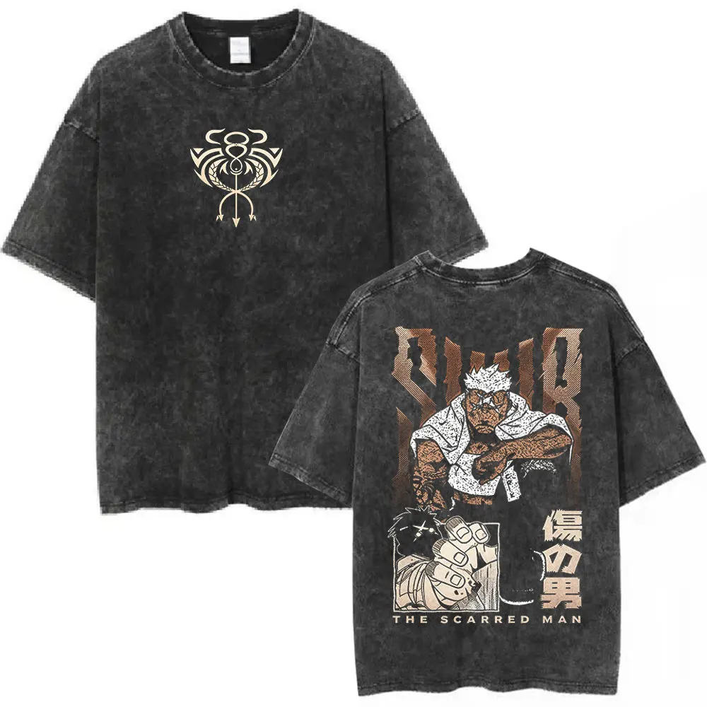 Camiseta de Anime Fullmetal Alchemist THE SCARRED MAN Scar Vintage Lavada para Hombre y Mujer, de Moda, Oversize, Casual, de Manga Corta