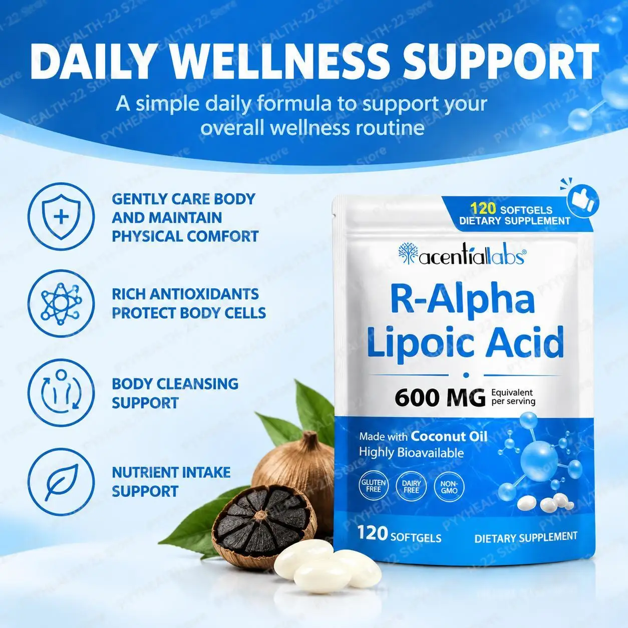 R‑Alpha Lipoic Acid 600mg Softgels 120ct, with Coconut Oil,High Bioavailability,Antioxidant Daily Wellness Dietary Supplement