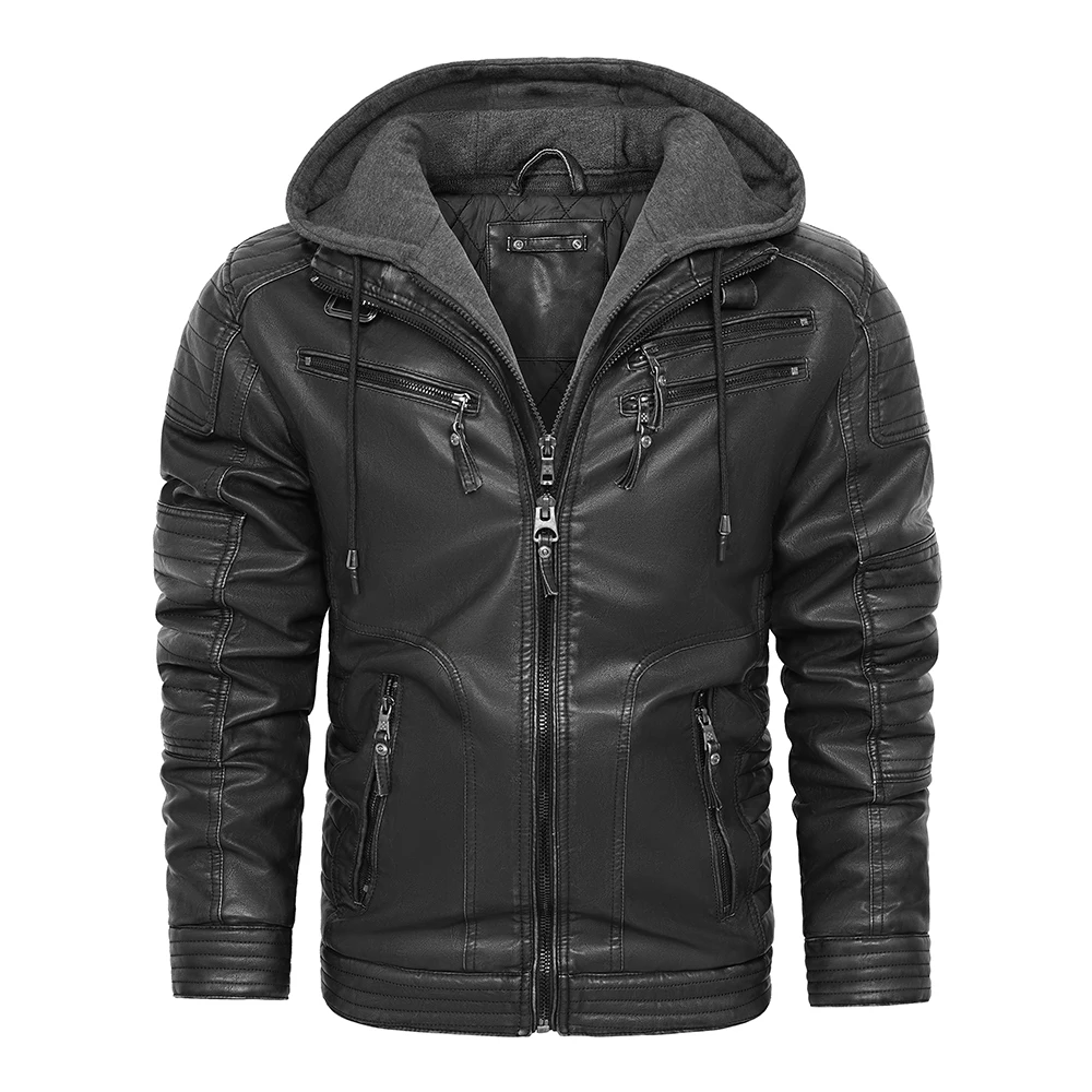 CARANFIER Men's Faux Leather Jacket with Removable Hood Moto Biker Style Zippered Pockets Casual Coat Winter Warm Outerwear
