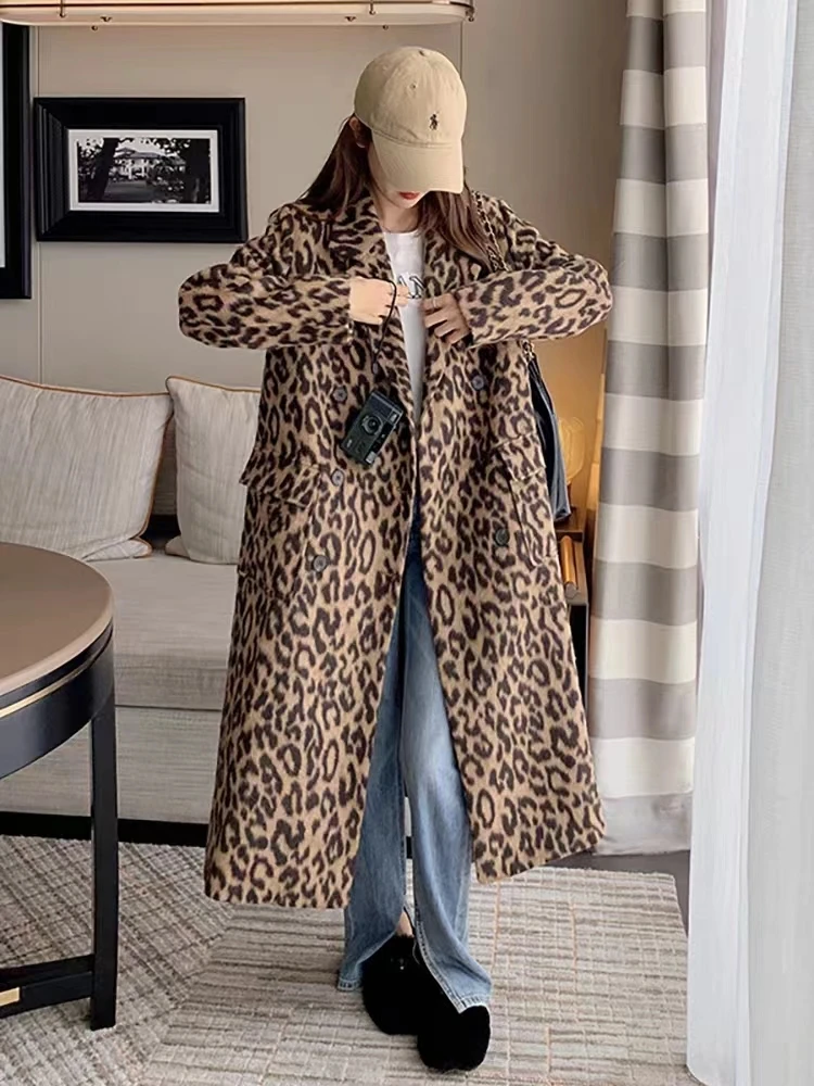 Fashion Leopard Print For Women's Autumn And Winter 2023 New Korean Version, Goddess Style Loose Casual Woolen Coat