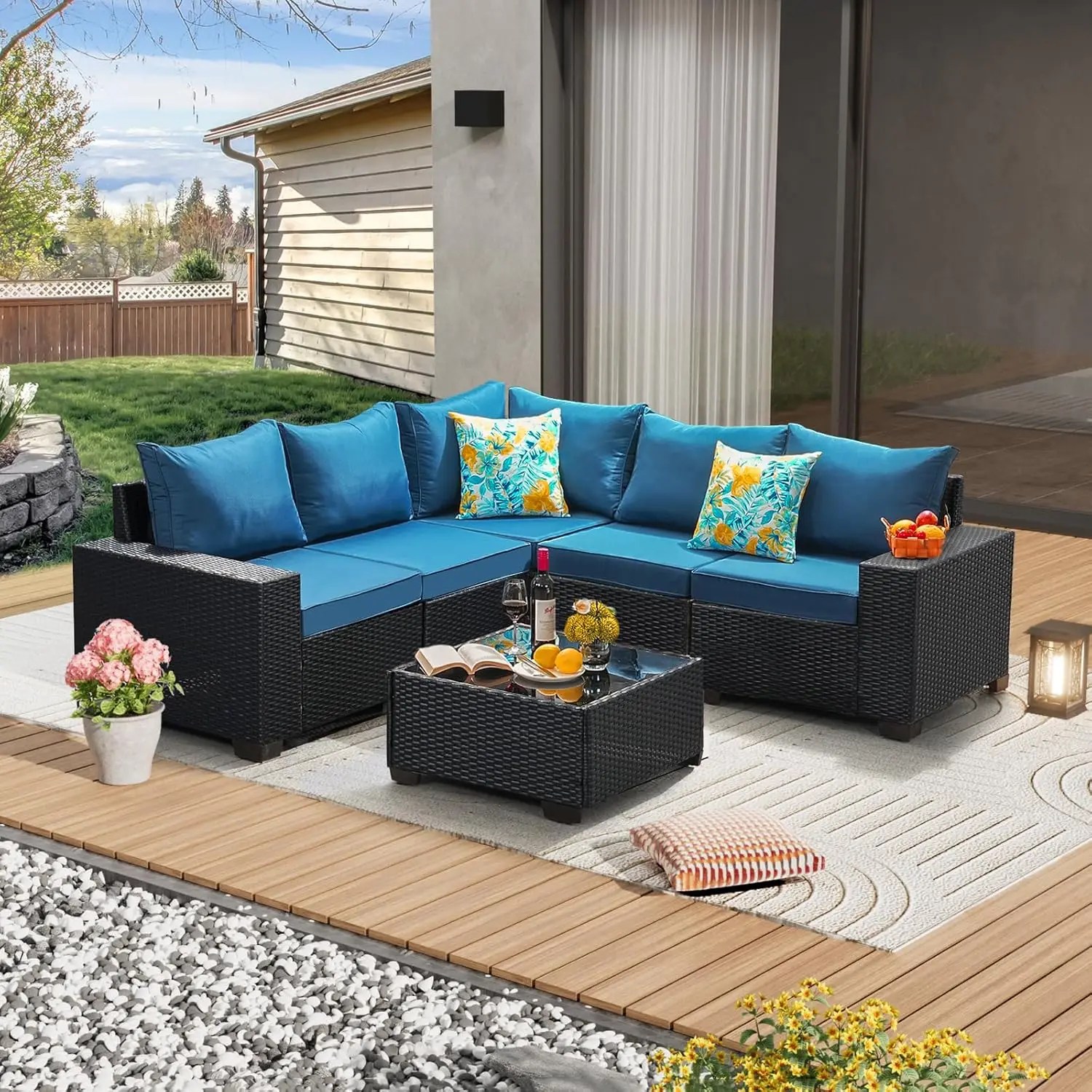 

6 Pieces Patio Furniture set Wicker Sectional Conversation Sofa Rattan seating sofa with cushion and Glass Table