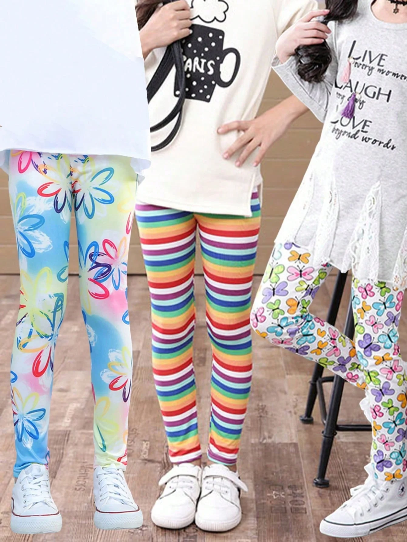 3-Pack Rainbow Striped Girls' Leggings for Spring and Autumn, Thin Children's Elastic Milk Silk Printed Pants, Korean Style for Older Children
