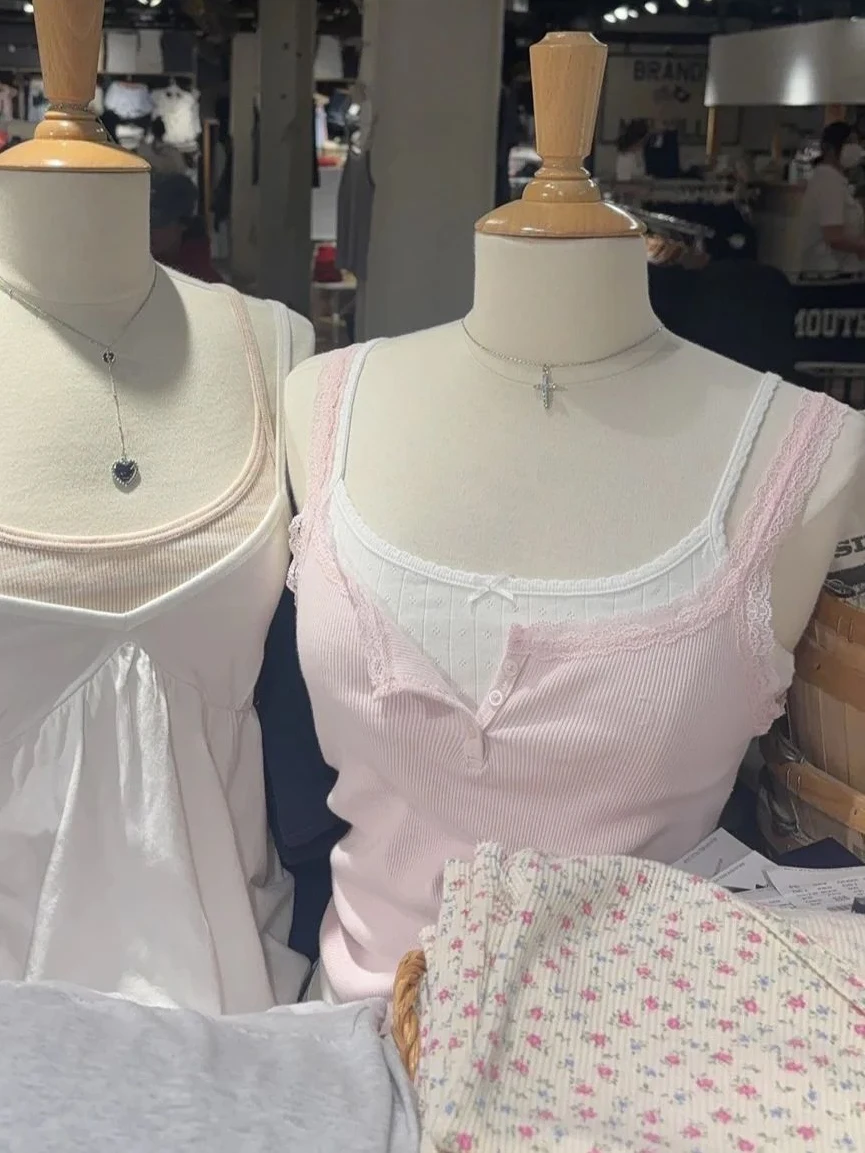 New Lace Trim Ribbed Slim Tank Tops Women Summer Three Buttons Cotton Camisole Female Sweet Cute Pink Simple Basic Crop Top Y2k