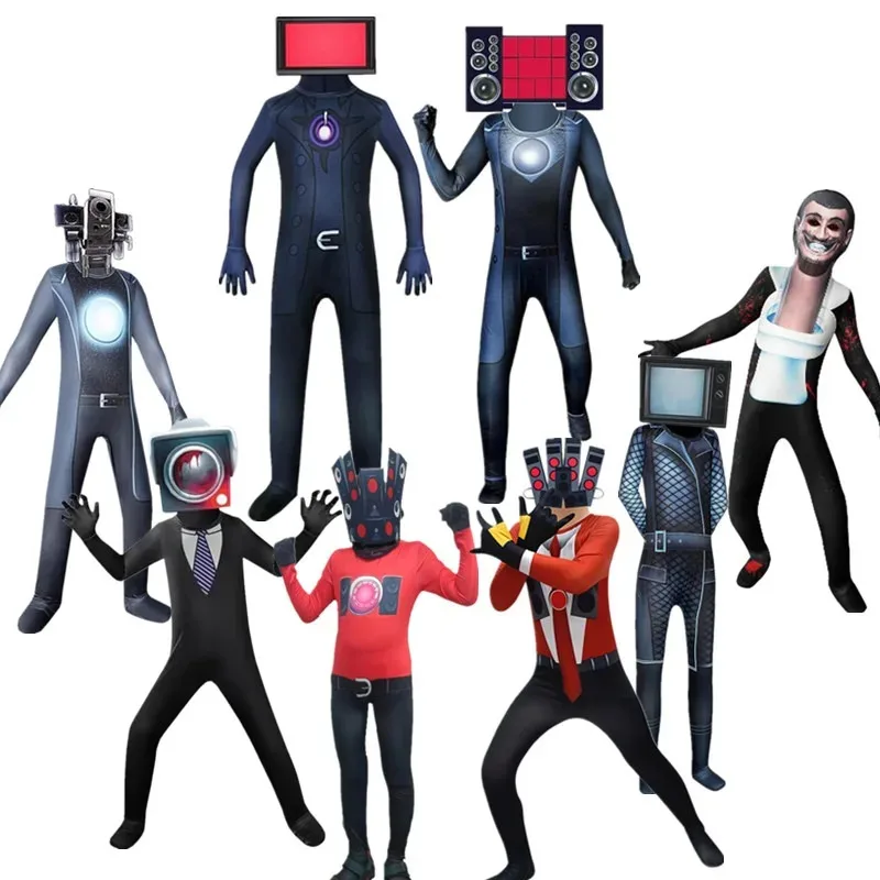 

2025 New Kids Skibidi T-Toilet Cosplay TV Camera Costume Game Audio Monitor Man Halloween Jumpsuit Party Cos