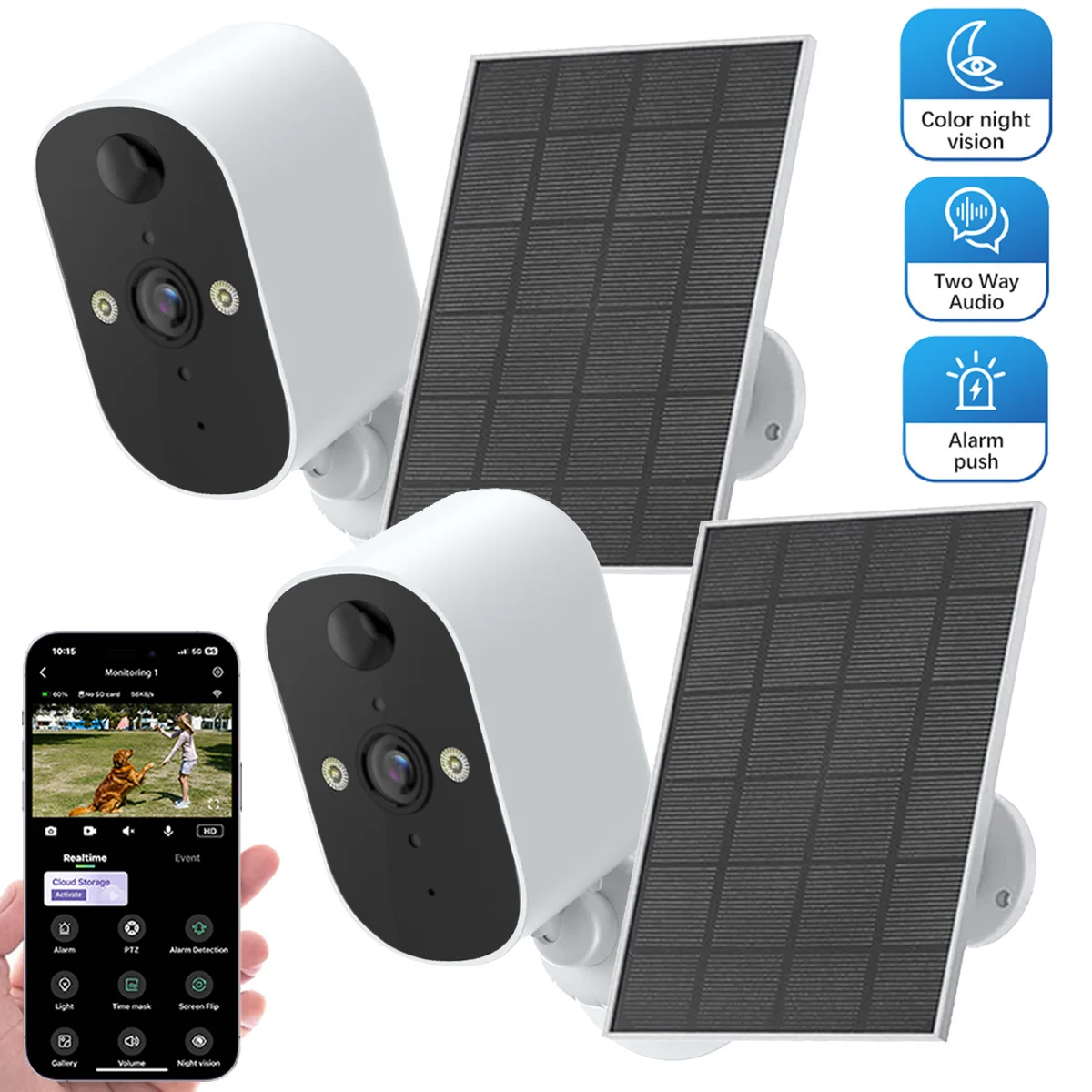 

2-Packs Wireless Surveillance Camera 1080P WiFi Home Security Recharge Battery Solar Powered IP Camera Outdoor Human Detection