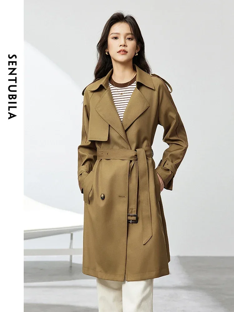 SENTUBILA Double-breasted Belted Trench Coats Women 2025 Spring Autumn England Style Commute Mid-length Loose Coat 151F80080X