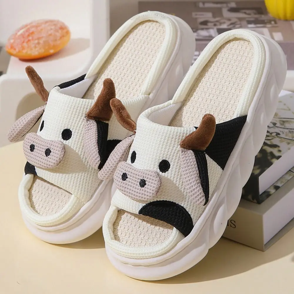 

Shoes Non-Slip Cartoon Cow Capybara Slippers Soft Cartoon Cow Linen Slippers Toe and Hole Kawaii Animal Pillow Slides Women