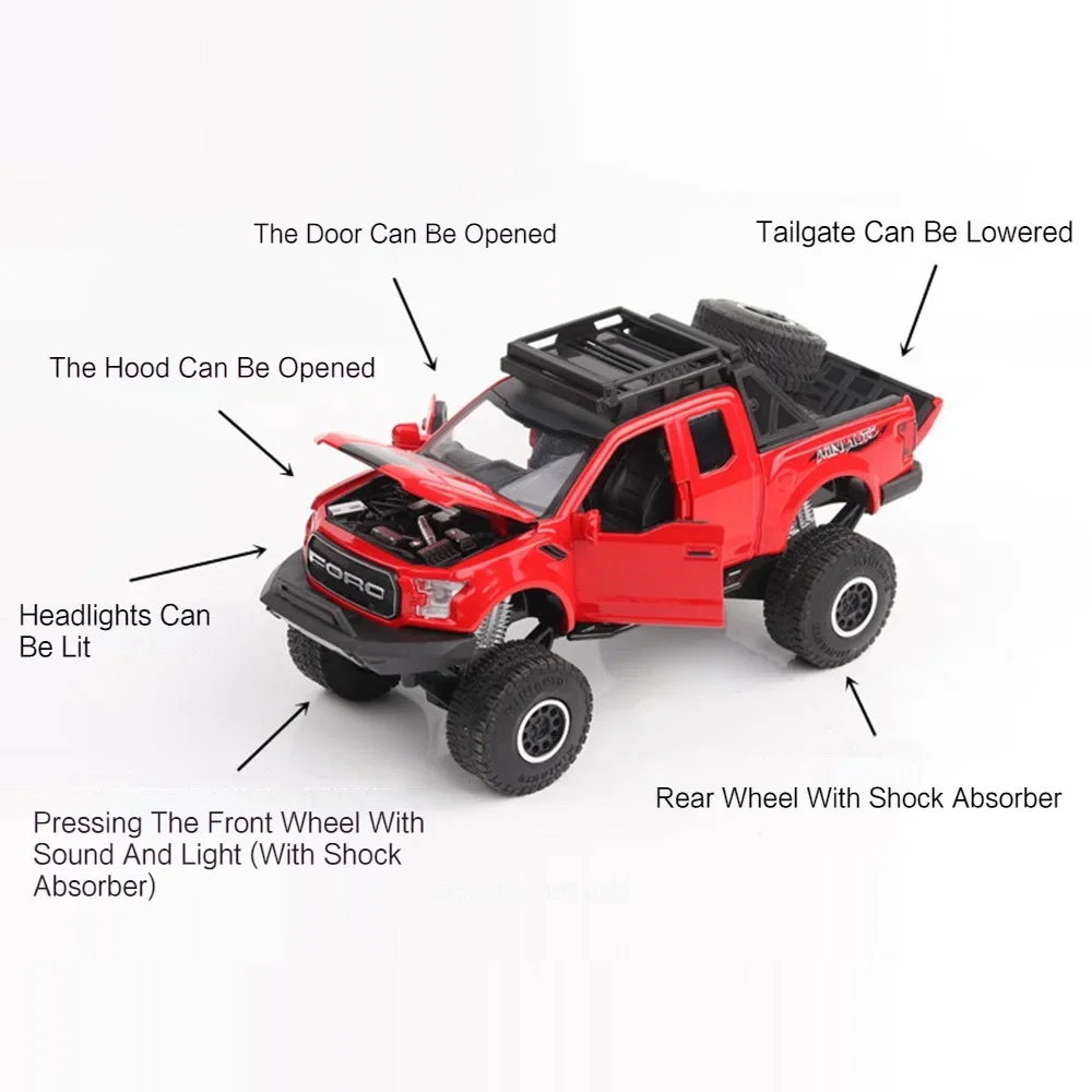 1:32 Scale F-150 SVT Raptor Alloy Diecast Models Cars Toys Doors Opened Off-road with Light Music Vehicles Boys Birthday Gifts