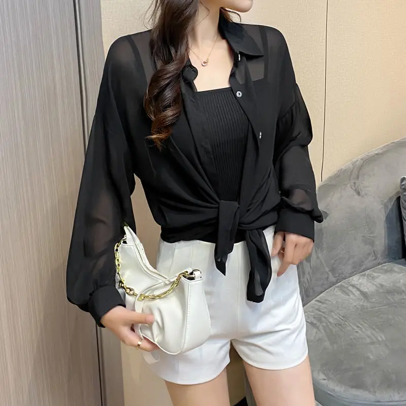 Baju Wanita Sifon Lengan Panjang, Blus Sifon Lengan Panjang Warna Polos, Baju Pantai Liburan Longgar Tipis Dingin Modis Seksi Musim Panas