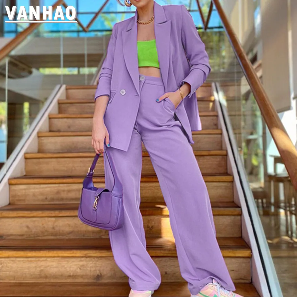 

VANHAO Casual Solid Color Ladies Suits Formal Set Pants and Blazer Fashion Long Sleeve Two Piece Sets Wholesale Dropshipping