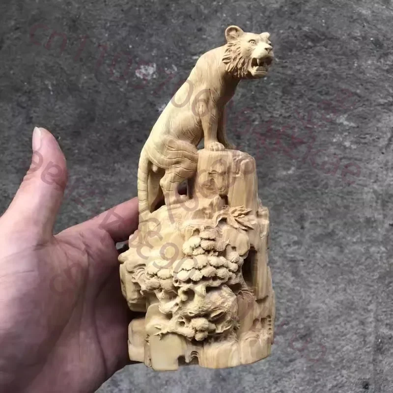 Hand Carved Boxwood Wooden Ascending Tiger Statue Figurine - King Forest Ornament Home Office Desk Decor Gift Collectible Wenwan