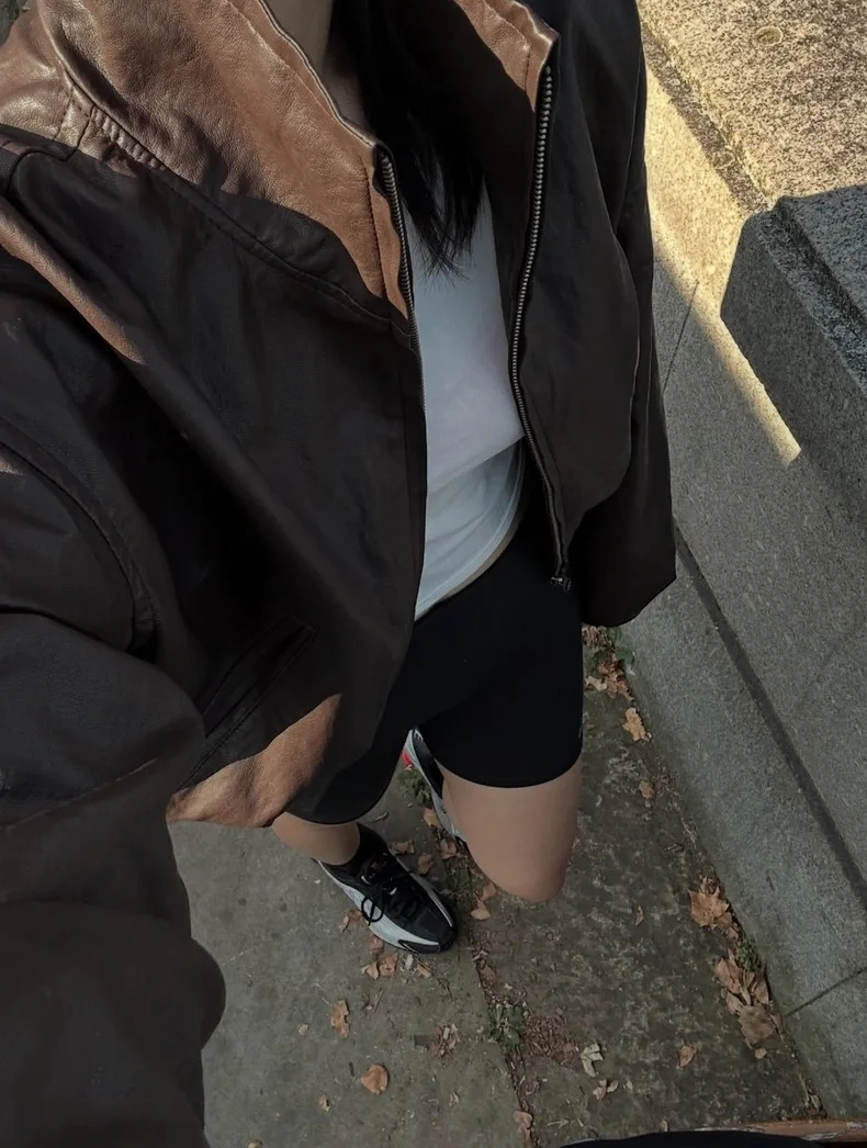 Street Sle Women's Motorcycle Jaet Stand Collar Loose Fit ort Biker Leather Coat Outerwear Long Sve Zipper Closure