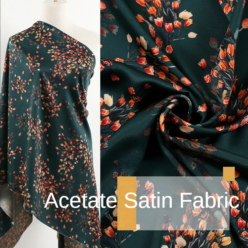 Printed Acetate Satin Fabric By The Meter for Cheongsam Dresses Shirts Clothes Sewing Thin Summer Flower Plant Drape Soft Cloth