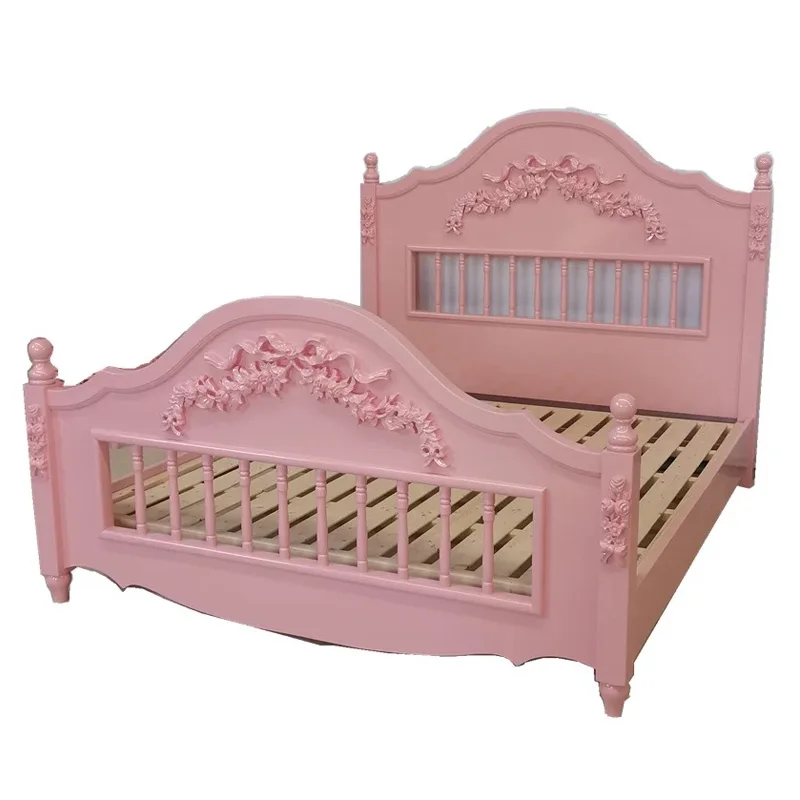 

French court solid wood bed pink bedroom 1.8 meters princess bed, American country carved bed