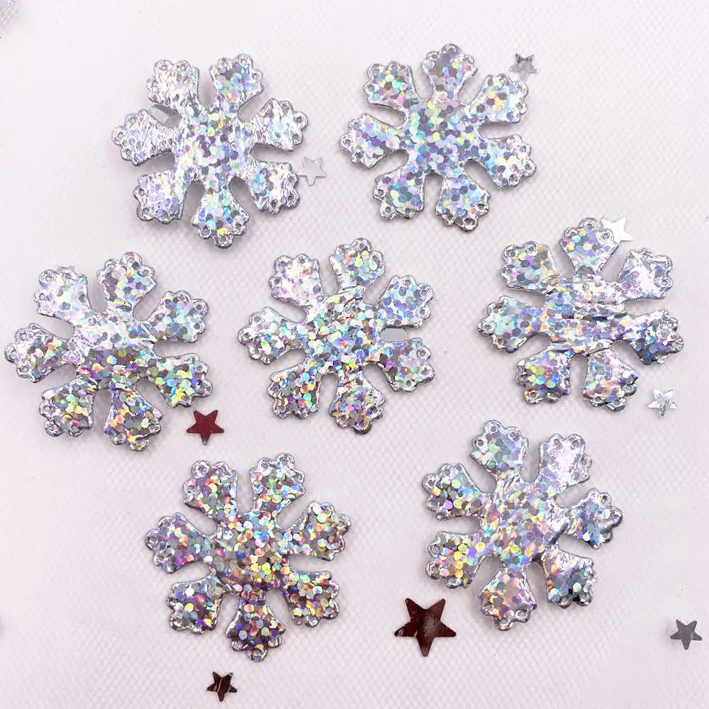 120PCS  Glitter Silver Snowflake Cloth Appliques Wedding DIY Sewing Patch Accessories DIY Bow Craft Christmas Decor   XE351