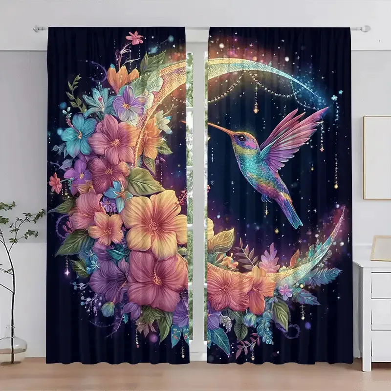 2pcs, Polyester Material, Animal Hummingbird Print Curtain Rod Pocket Landscape Curtains Window Decorations, Suitable for Bedroo