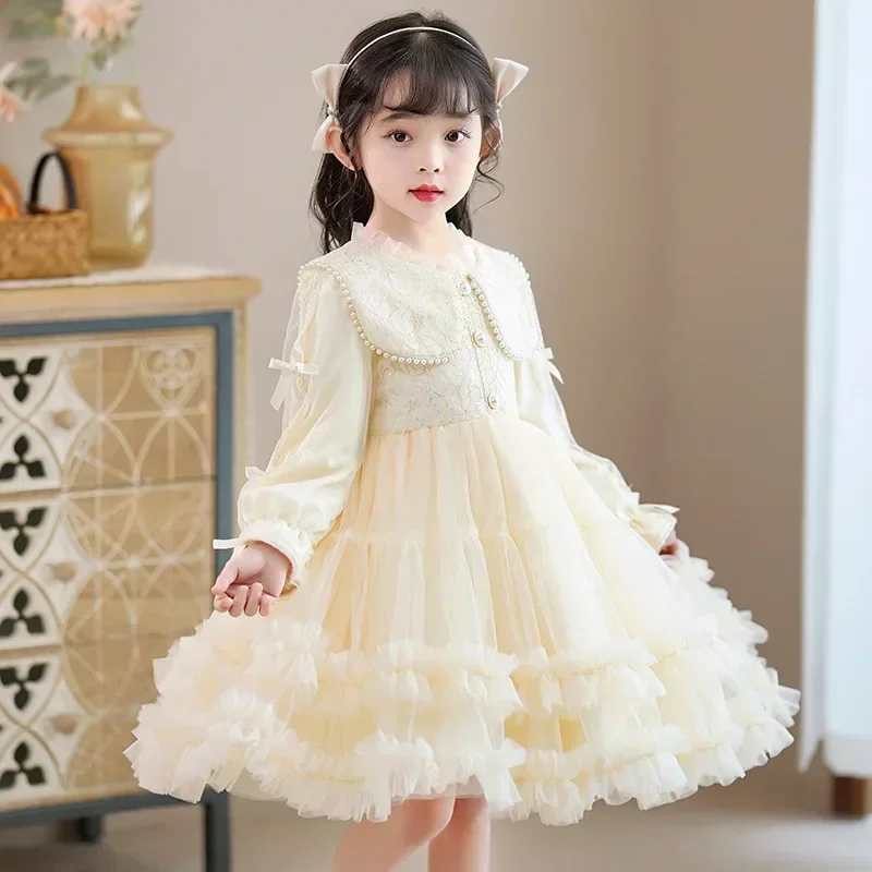 Girls' Dress 2024 New Winter Fashionable Fluffy Yarn Skirt Children's Plush Skirt Little Girl Long sleeved Princess Skirt