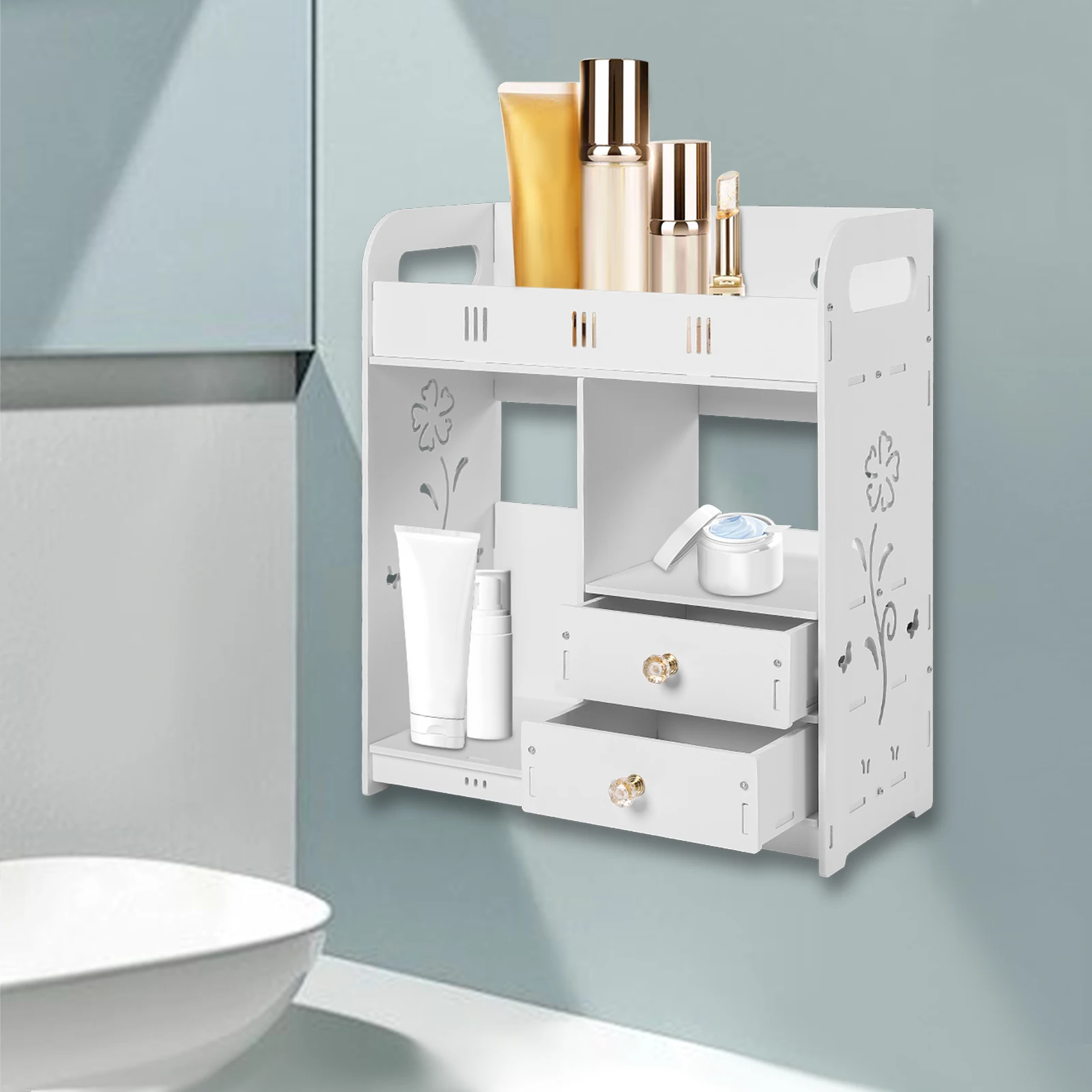 Bathroom Cabinet Wall Mounted with 2 Drawers PVC Bathroom Wall Stand Hanging Rack Medicine Cabinet Organizer White