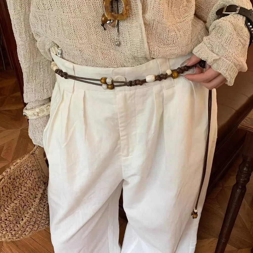 Boho Hand-Woven Waist Chain Wooden Bead Adjustable Decorative Waist Belt High-End Slenderizing Waist Rope for Dress and Jeans