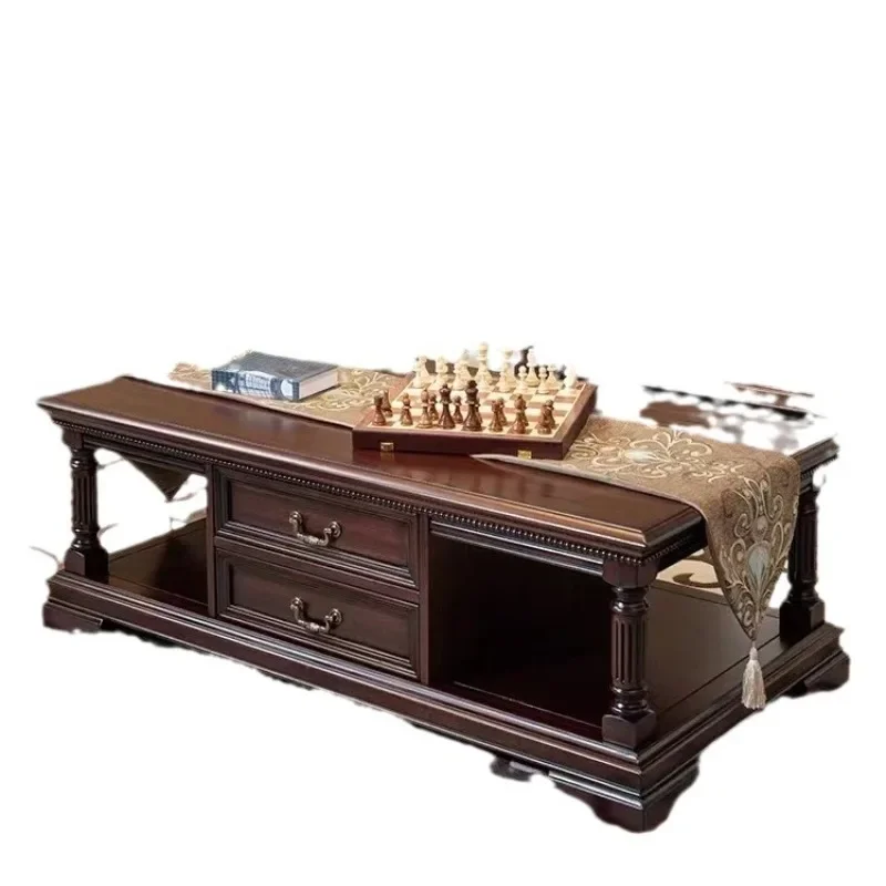 

Living room coffee table Solid wood retro carved Roman column storage table Villa large apartment coffee table
