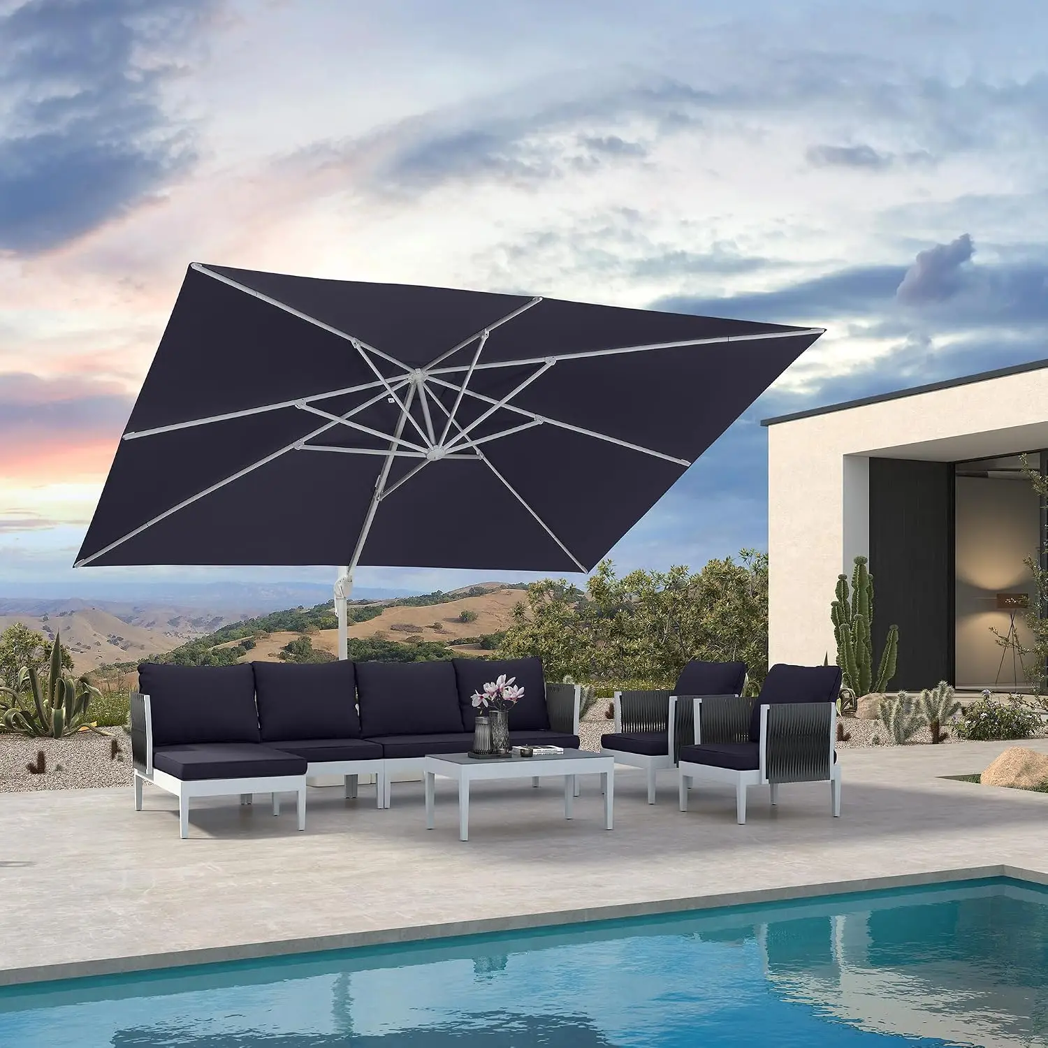 Cantilever Umbrella 10' X 13' White Aluminum Frame, Navy Blue | Thicker ribs hold shape, Fade-resistant UV canopy,, Customized