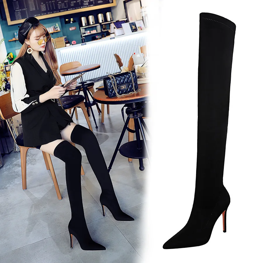 

Style Fashion High Heels Elastic Lycra Slim Heel Pointed Sexy Nightclub Slimming Over The Knee Boots Women Pumps туфли женские