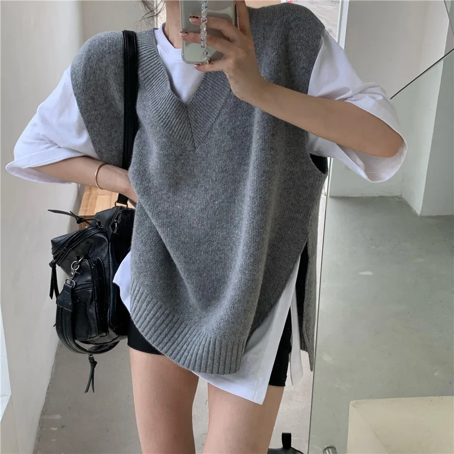 

Classics Loose&Thick style Wool Blend Vest Women's knitting Big V Collar Sweater Sleeveless Side Fork Design High Quality Tops