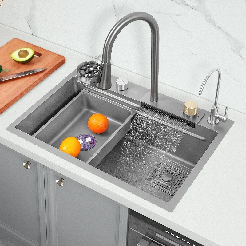 Waterfall Kitchen  Stainless Steel Sink Large Single Bowl Dishwasher Nano multi function sink faucet Smart Wash Basin