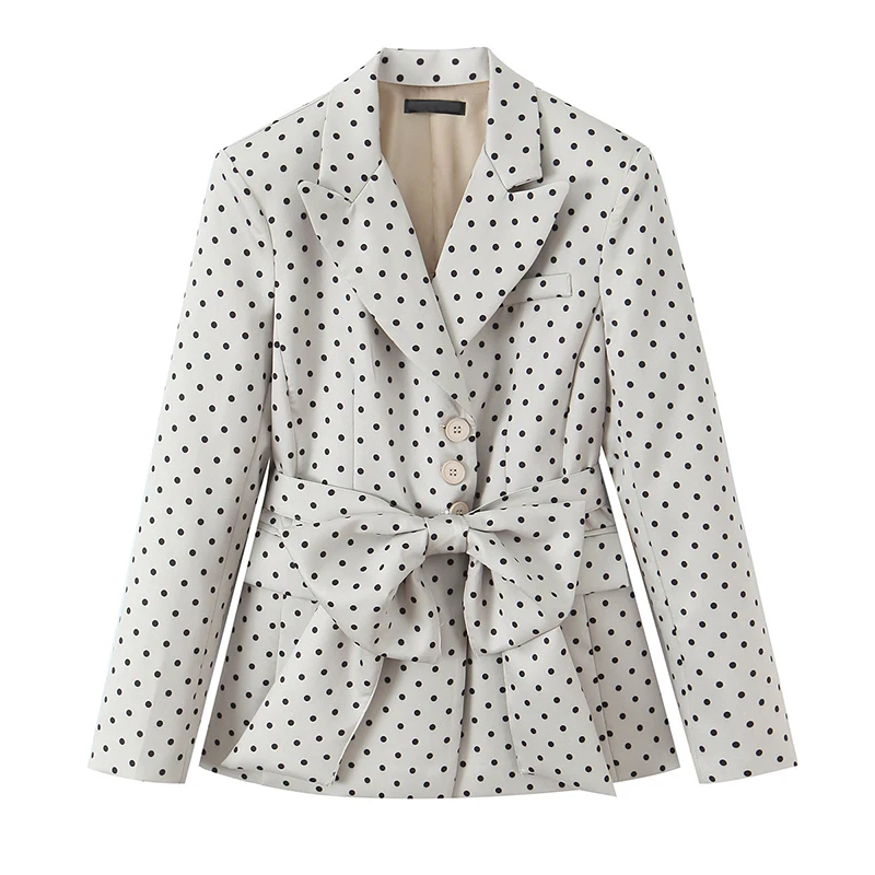 YENKYE Women Elegant Bow Polka Dot Blazer Lapel Collar With Belt Single Breasted Casual Office Jacket