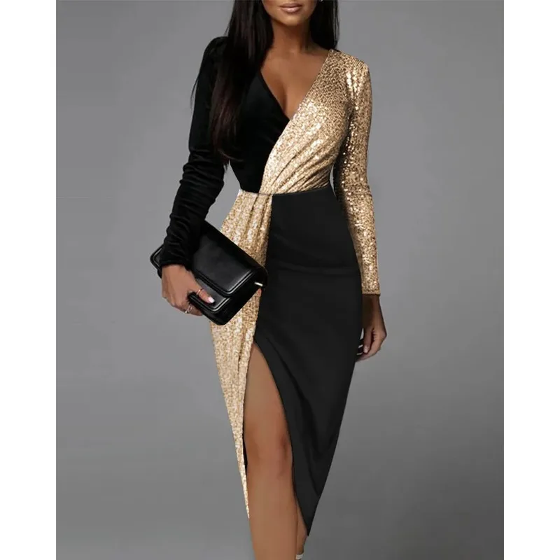 

summer black temperament commuting color matching sequins small fresh high waisted V-neck long sleeved dress