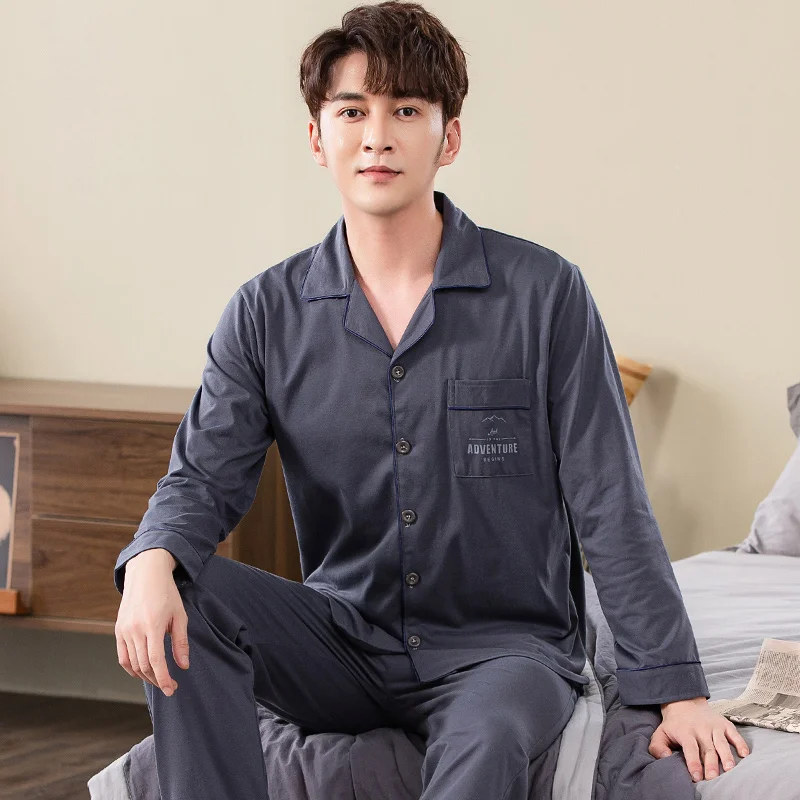 Men Pajama Set Knit Cotton Autumn Long Sleeve Solid Color Men Pyjama Suit Spring Nightwear Collar Pijama Male Sleepwear XXXXL