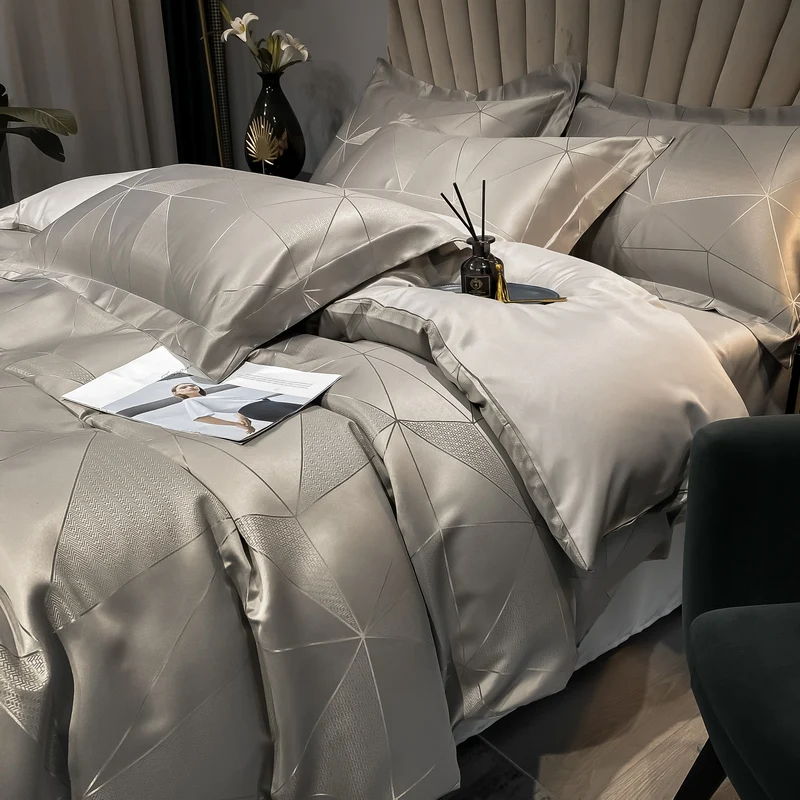 2024 new double-sided geometric pattern  washable silk cool silk bed sheets quilt covers pillowcases 4pcs set machine washable