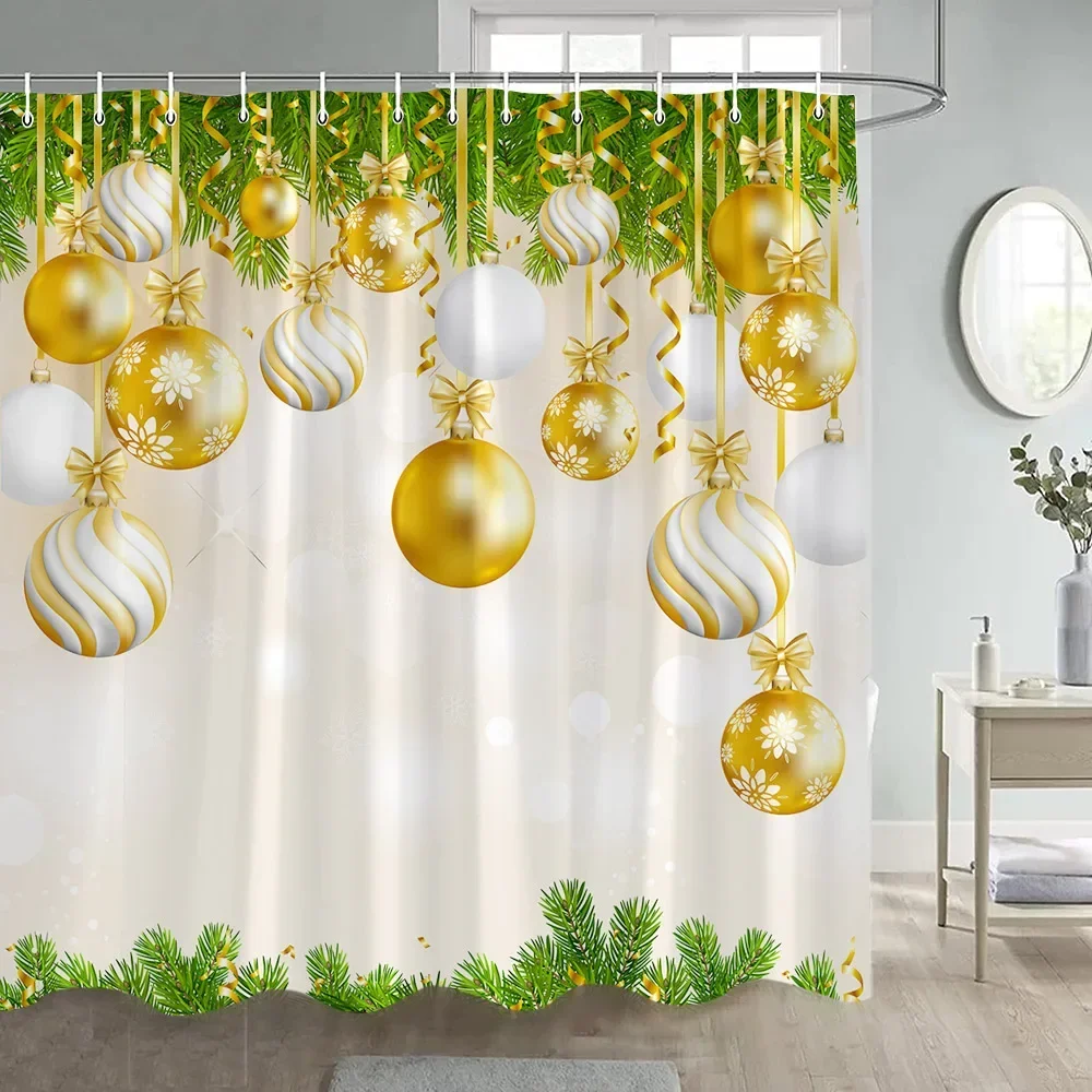 Christmas Shower Curtain Green Pine Branches Xmas Balls New Year Home Decor Polyester Fabric Bathroom Bath Curtains with Hooks