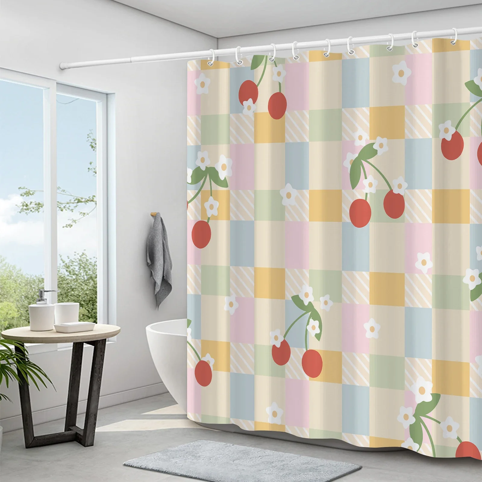 1PC Fresh Fruit Print Shower Curtain, Soft Fabric, Modern Finish, Non-Slip Bathroom Floor Mat, 12 Plastic Hooks Crip gang