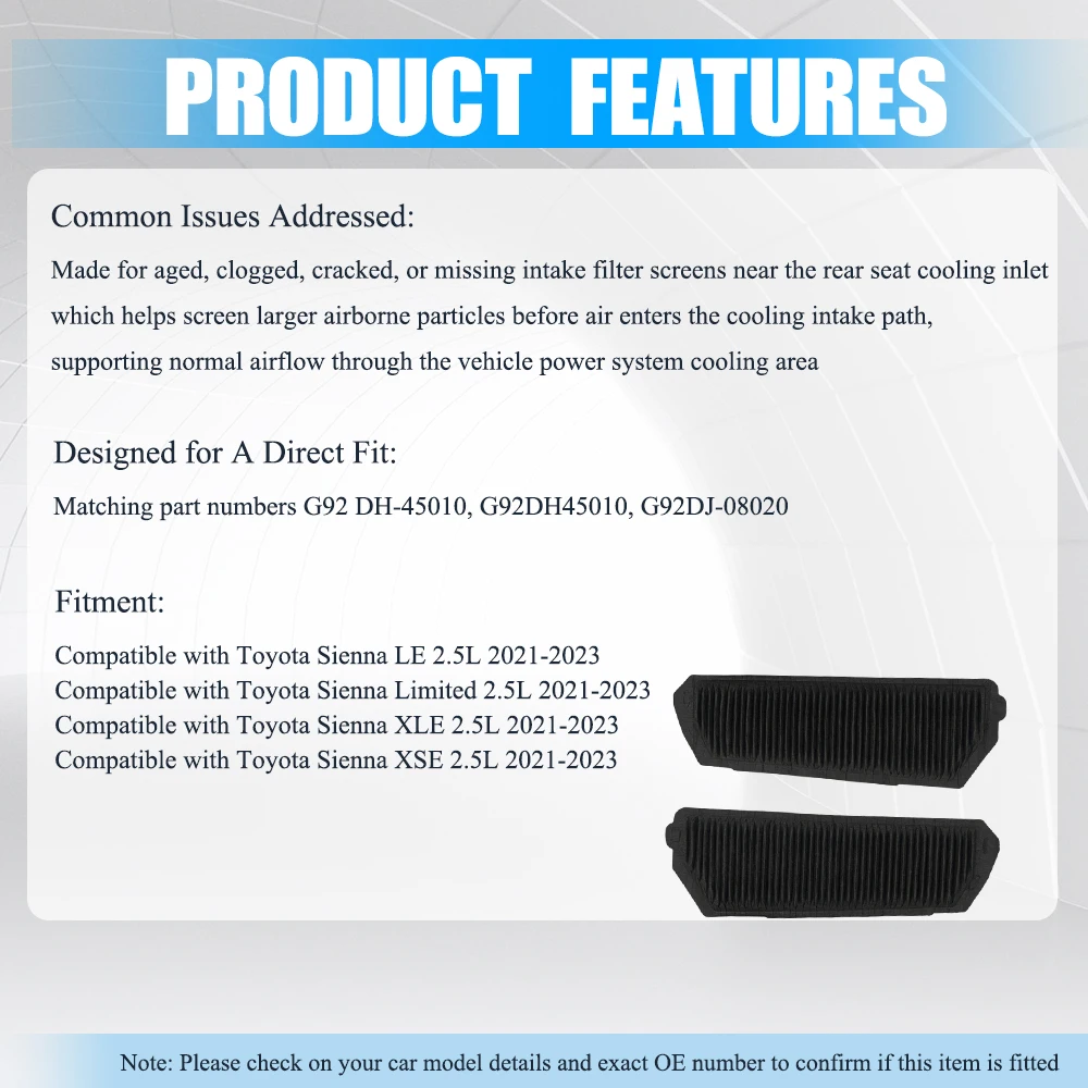 2 pcs Battery Cooling Air Intake Filter G92DJ-08020 For Toyota Hybrid Sienna LE XLE XSE Limited 2.5L 2021 2022 2023 G92DH45010 - view 2