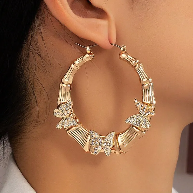 Big Butterfly Bamboo Hoop Earrings For Women Gold Color Full Crystal Stone Butterfly Vintage Girls Earrings Street Wear Jewelry