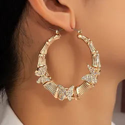 Big Butterfly Bamboo Hoop Earrings For Women Gold Color Full Crystal Stone Butterfly Vintage Girls Earrings Street Wear Jewelry