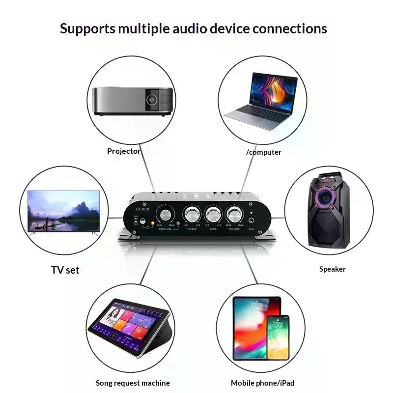 

Усилители для домашнего кинотеатра ST-838 HiFi, 2.1-канальный усилитель мощности, стереоусилитель с басами, усилитель для автомобиля и дома, усилитель для медиаплеера
