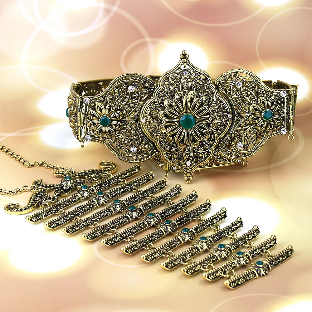 Sunspicems القوقاز حزام الصدر مجموعات ل فستان زفاف للنساء عباية مجوهرات ريترو الذهب اللون الأحمر الأخضر حجر الوردي اللؤلؤ جديد #4