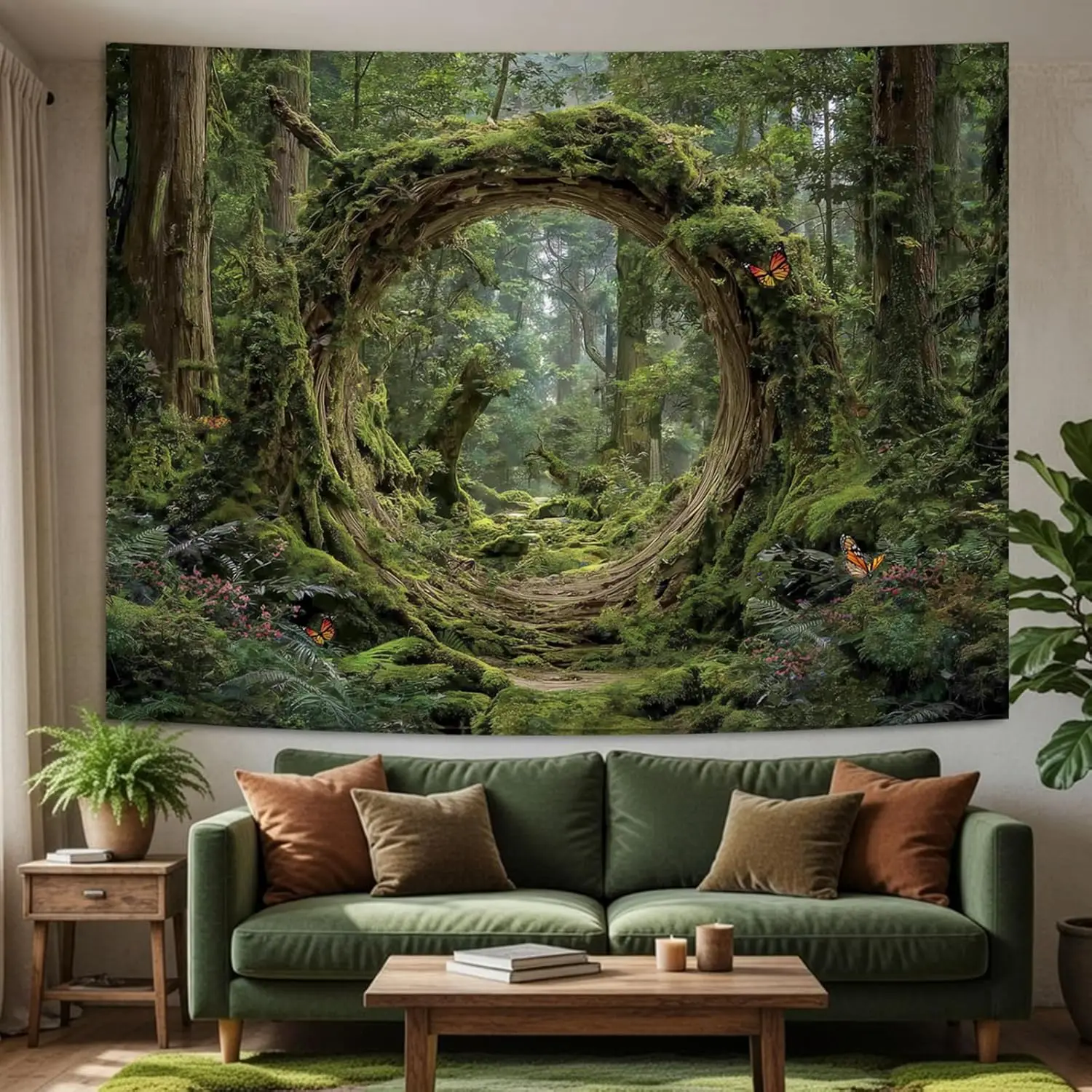Enchanted Forest Portal Tapestry, Magical Green Mossy Tree Hole Woodland Aesthetic Wall Hanging, Fantasy Nature Art Decor for