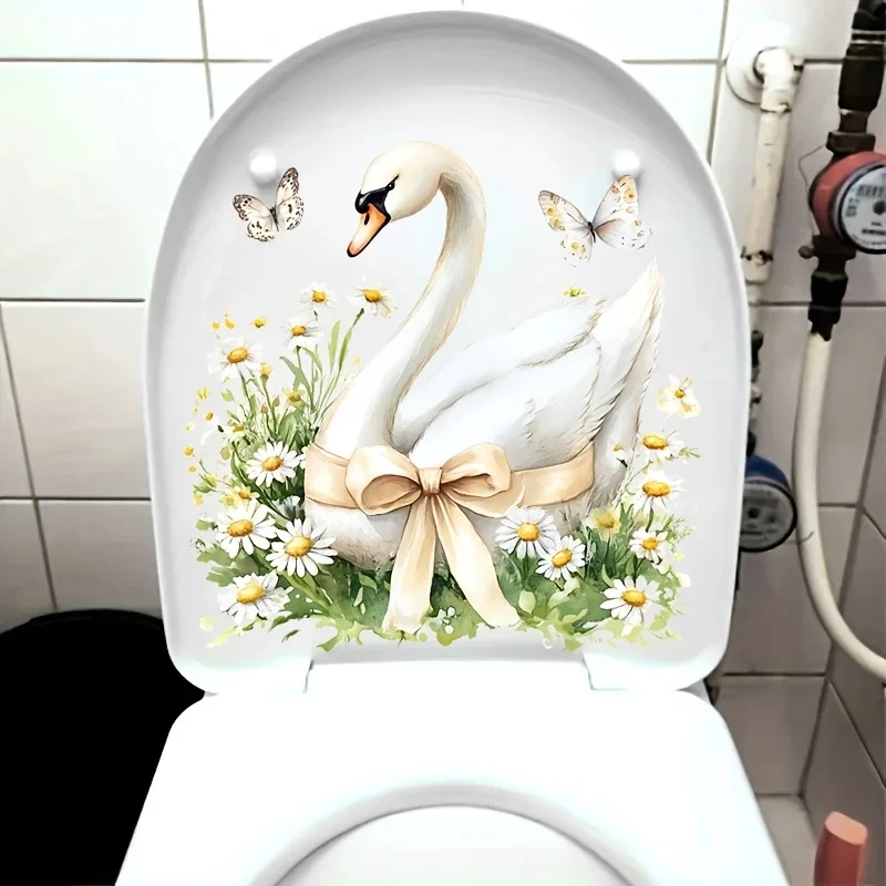 MT1395# Romantic Swan Toilet Lid Decal, Animal Print Self-Adhesive Sticker, Floral and Swan Design,  Square Shape