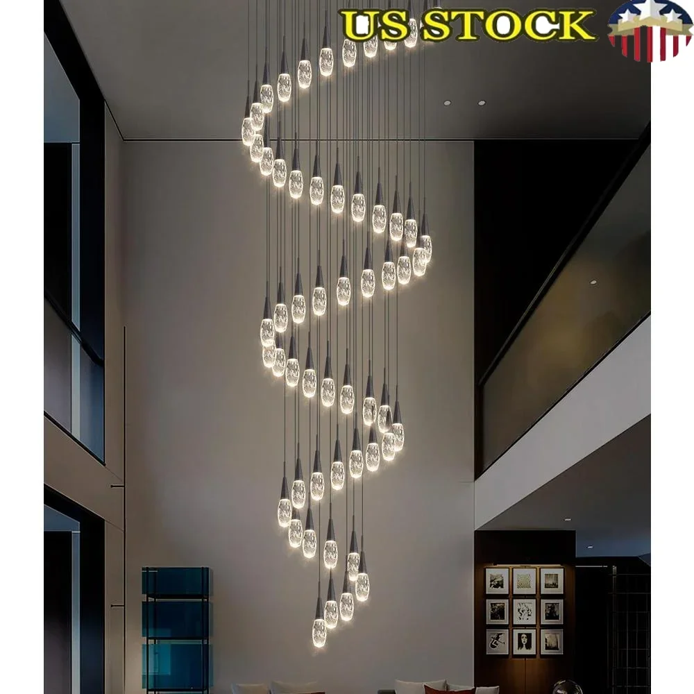 Large LED Dimmable Crystal Bubble Chandelier Light Fixture 56 Lights 20 Ft High Ceiling Glam Modern Sparkling Lighting Foyer