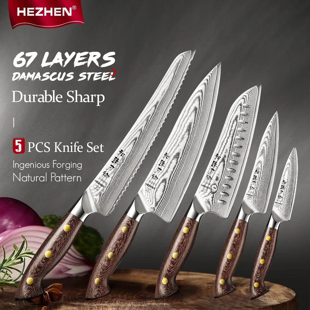 

HEZHEN 1PC/5PC Knife Set Damascus Steel Chef Santoku Micarta Handle Bread Utility Paring Cook Knife For Meat Sharp Kitchen Knife
